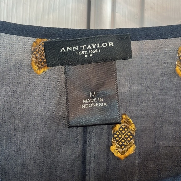 Ann Taylor Sheer Navy Blouse with Gold Embroidered Detail Size Medium - Picture 6 of 8